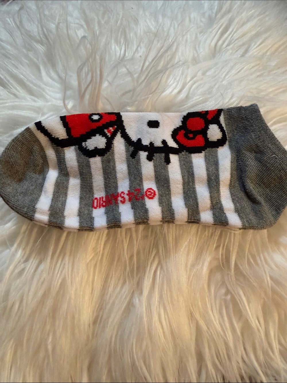 Sanrio Hello Kitty Gray & White Striped Ankle Socks with Red Bow